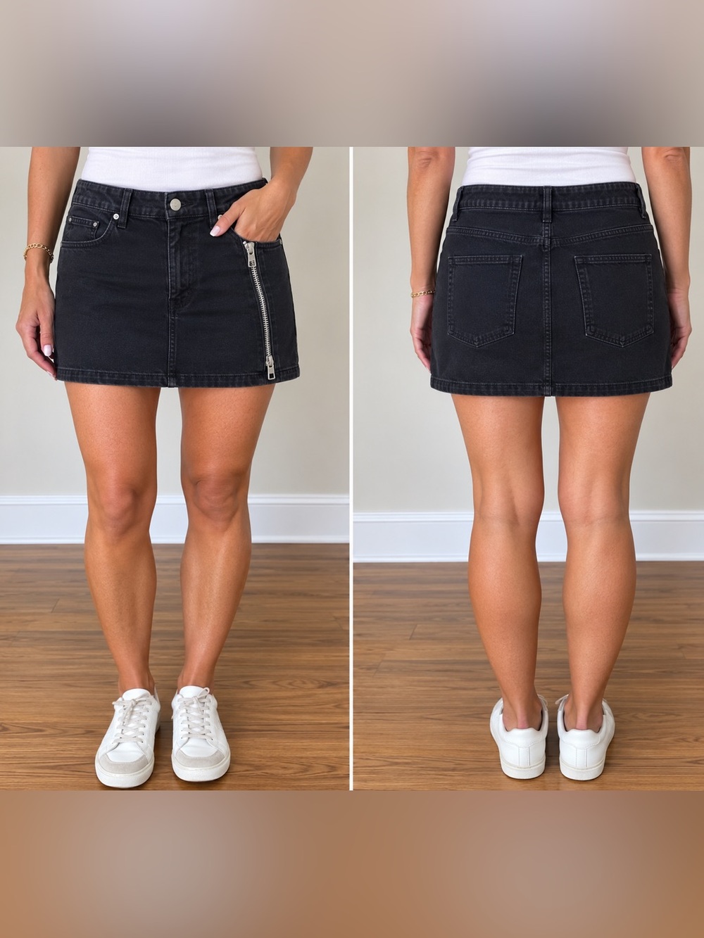 Blank NYC Black Denim Mini Skirt with Asymmetric Silver Zip